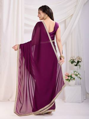 pre-stitched purple silk blend solid printed saree with lace border 2