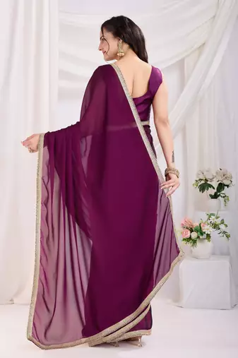 pre-stitched purple silk blend solid printed saree with lace border