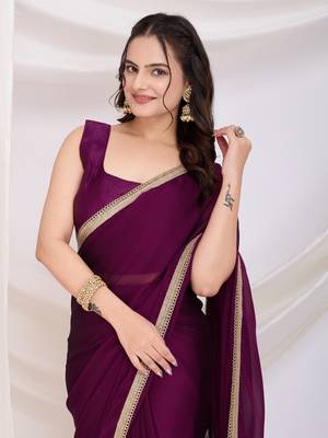 pre-stitched purple silk blend solid printed saree with lace border 3