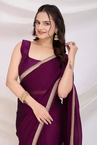 pre-stitched purple silk blend solid printed saree with lace border