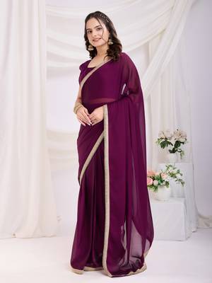 pre-stitched purple silk blend solid printed saree with lace border 5