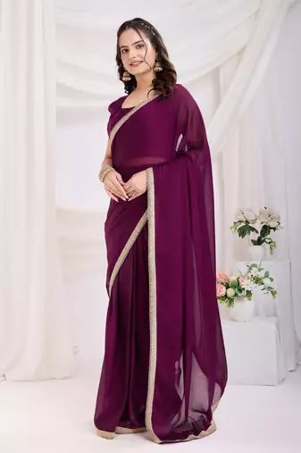 pre-stitched purple silk blend solid printed saree with lace border