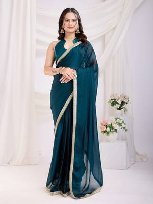 ready to wear teal blue silk blend solid printed saree with lace border 1