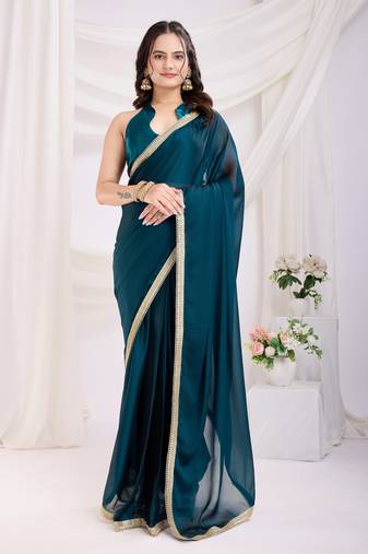 Teal blue silk blend pre stitched solid printed saree with lace border