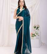 ready to wear teal blue silk blend solid printed saree with lace border