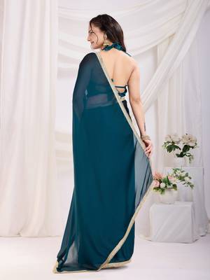ready to wear teal blue silk blend solid printed saree with lace border 2