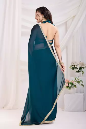 ready to wear teal blue silk blend solid printed saree with lace border