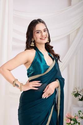ready to wear teal blue silk blend solid printed saree with lace border 3