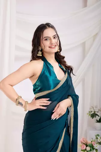 ready to wear teal blue silk blend solid printed saree with lace border