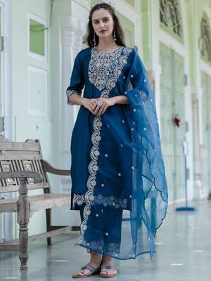Teal embroidered silk blend salwar suit 1