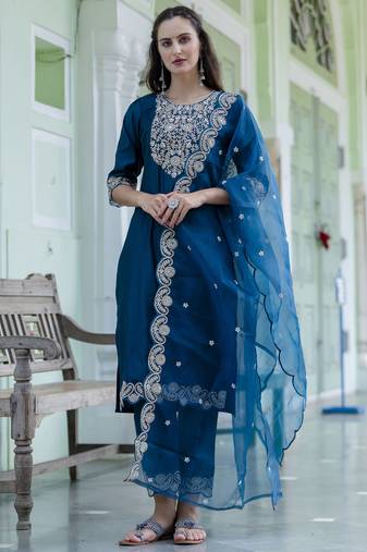 Teal embroidered silk blend salwar suit