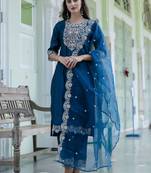 Teal embroidered silk blend salwar suit