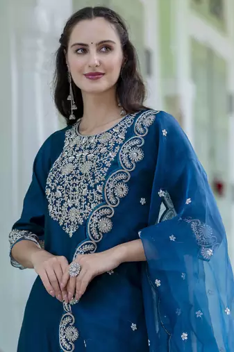Teal embroidered silk blend salwar suit