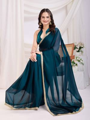 ready to wear teal blue silk blend solid printed saree with lace border 5