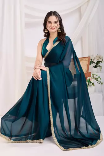 ready to wear teal blue silk blend solid printed saree with lace border