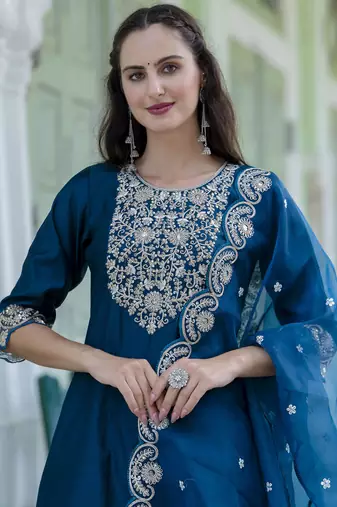 Teal embroidered silk blend salwar suit