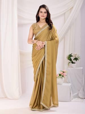 pre draped chiku silk blend solid printed saree with lace border 1