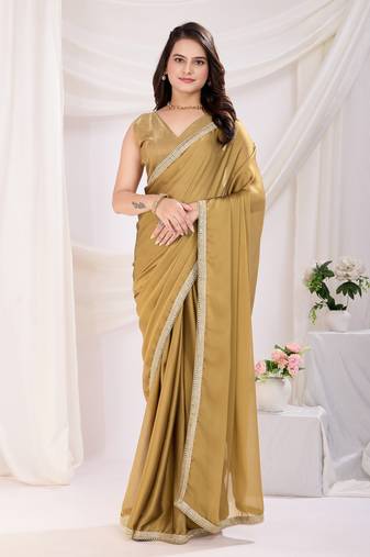 Chiku silk blend pre stitched solid printed saree with lace border