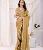 ready to wear chiku silk blend solid printed saree with lace border