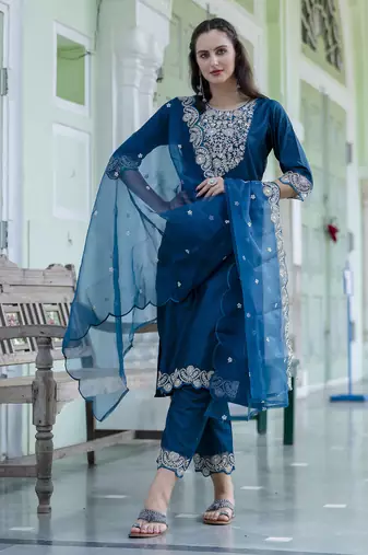 Teal embroidered silk blend salwar suit
