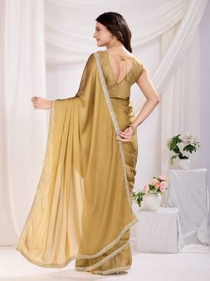 pre draped chiku silk blend solid printed saree with lace border 2