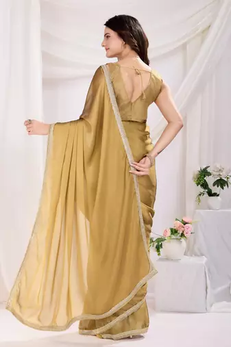 pre draped chiku silk blend solid printed saree with lace border