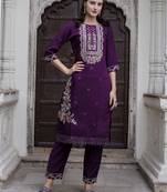 Purple embroidered viscose roman silk salwar suit
