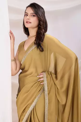 pre draped chiku silk blend solid printed saree with lace border