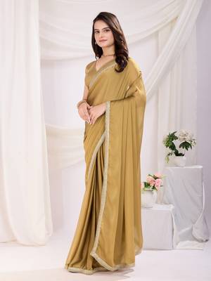 pre draped chiku silk blend solid printed saree with lace border 5