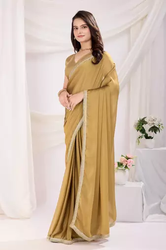 pre draped chiku silk blend solid printed saree with lace border