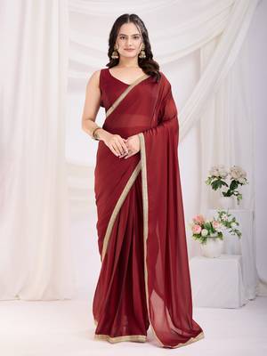 ready made maroon silk blend solid printed saree with lace border 1