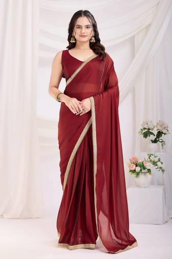 Maroon silk blend pre stitched solid printed saree with lace border