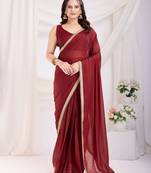 ready to wear maroon silk blend solid printed saree with lace border