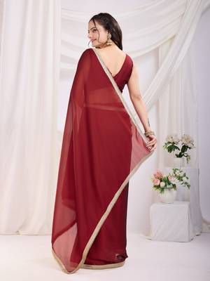 ready made maroon silk blend solid printed saree with lace border 2