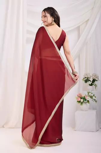 ready made maroon silk blend solid printed saree with lace border