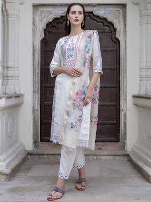 White embroidered viscose roman silk salwar suit 1