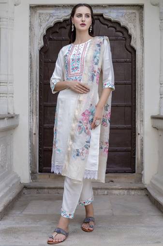 White embroidered viscose roman silk salwar suit
