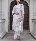 White embroidered viscose roman silk salwar suit