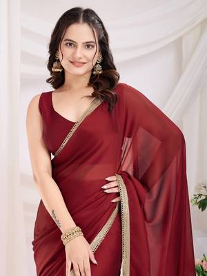 ready made maroon silk blend solid printed saree with lace border 3