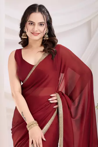 ready made maroon silk blend solid printed saree with lace border