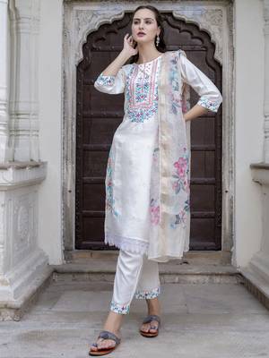 White embroidered viscose roman silk salwar suit 2