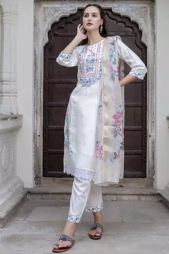 White embroidered viscose roman silk salwar suit