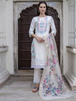 White embroidered viscose roman silk salwar suit 3