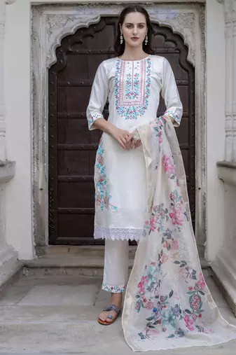 White embroidered viscose roman silk salwar suit