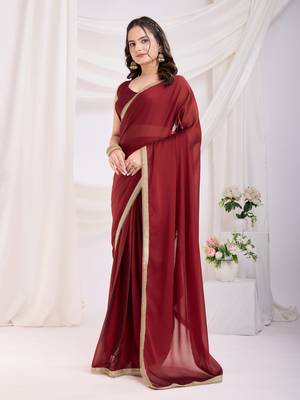 ready made maroon silk blend solid printed saree with lace border 5