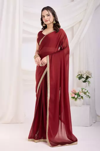 ready made maroon silk blend solid printed saree with lace border