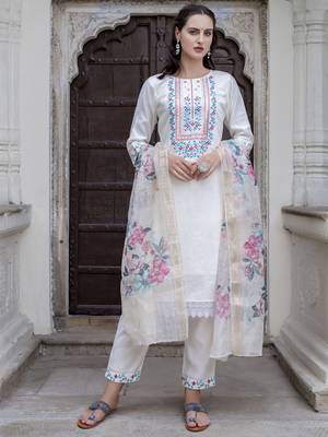 White embroidered viscose roman silk salwar suit 4