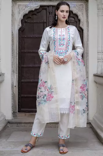 White embroidered viscose roman silk salwar suit