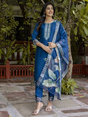 Blue embroidered viscose roman silk salwar suit 1