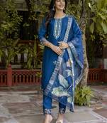 Blue embroidered viscose roman silk salwar suit